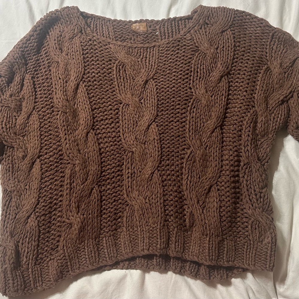 POL Brown Cable Knit Crew Neck Sweater